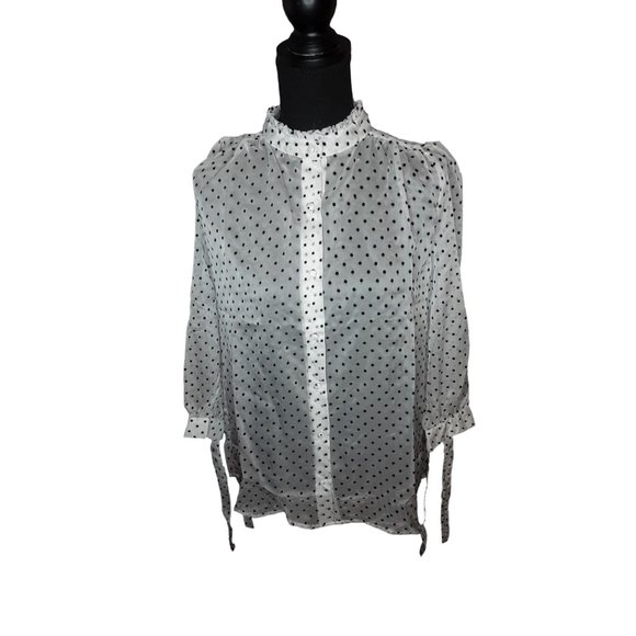 2/$35- Neon Blonde Sheer Polk A Dot 3/4th Tie Sleeves Button Blouse Women's XS - Picture 6 of 9